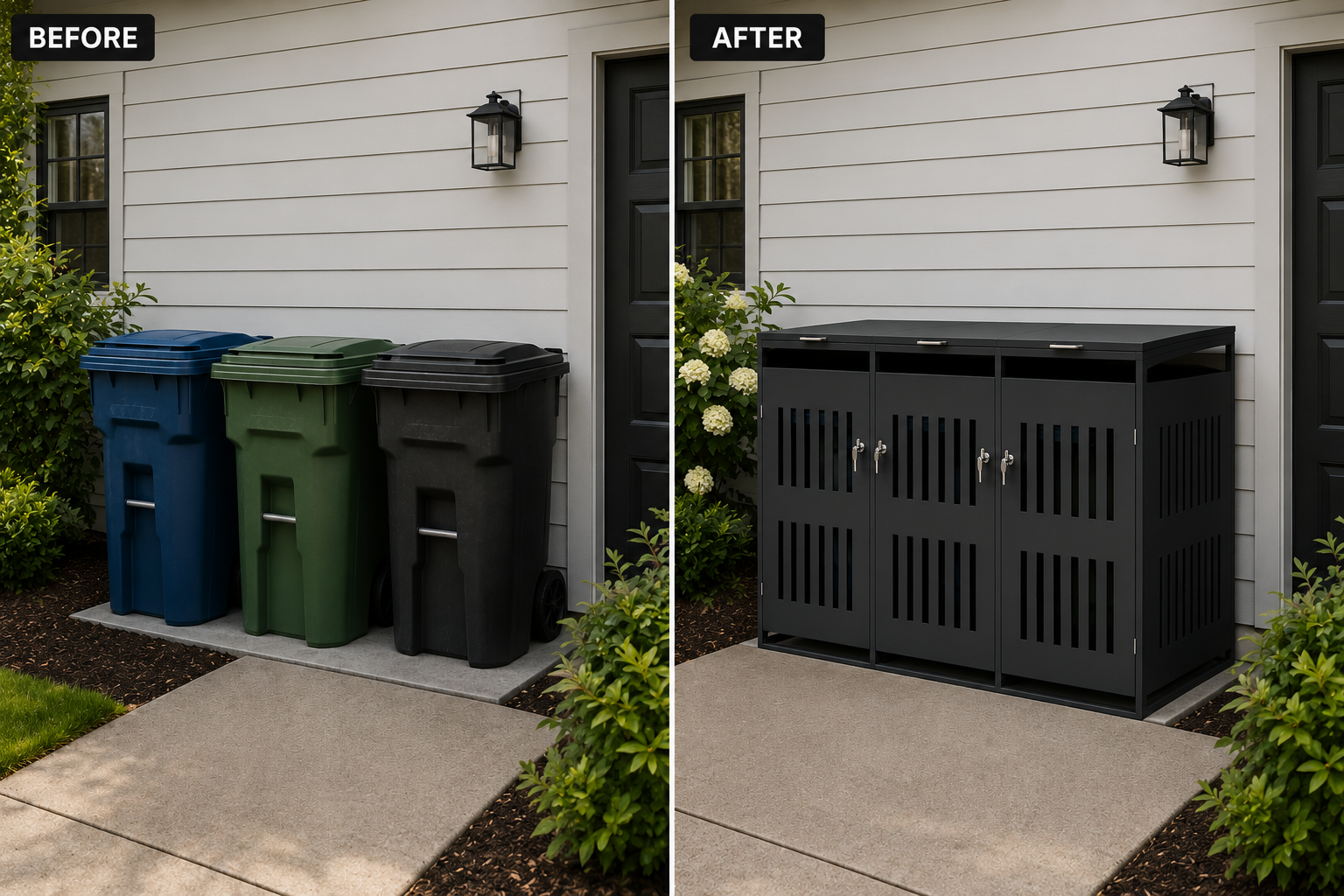 Before and after — metal triple enclosure against house